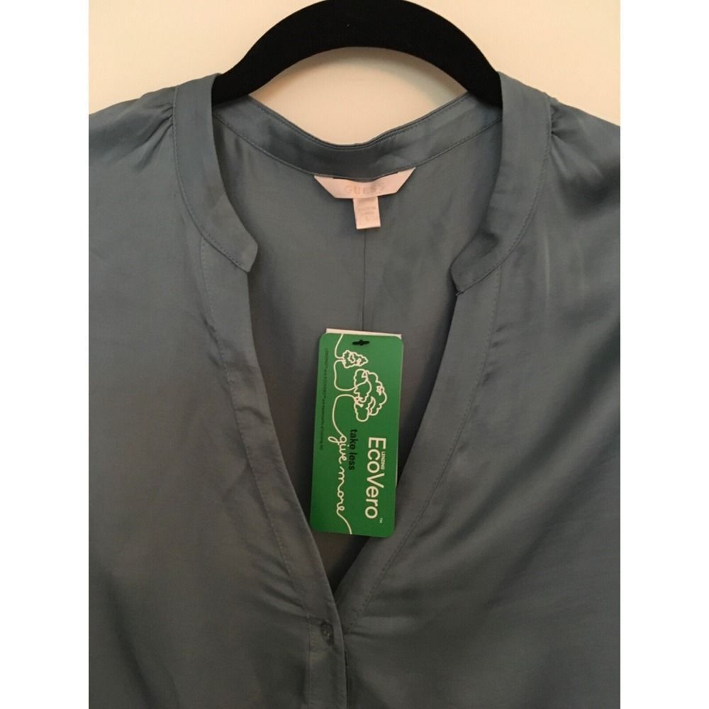 GUESS Womens Long Sleeve Sasha Top Button Up Blouse Sz L Cyclone Blue Tie $89 - Picture 5 of 15